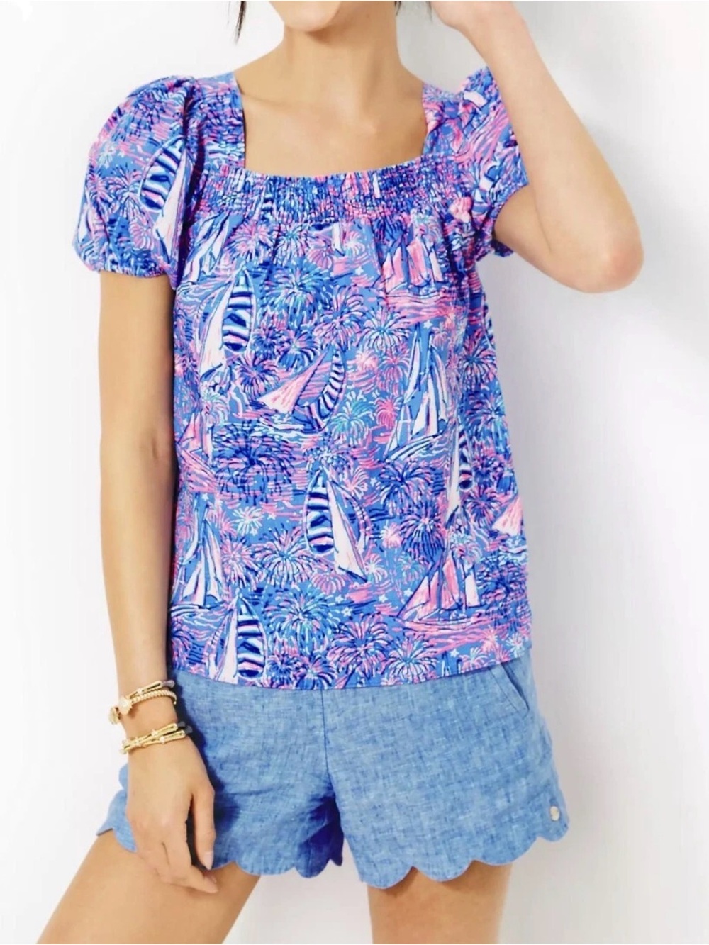 Lilly Pulitzer Keating Linen Puff Sleeve Smock Neck Top Its A Sailibration- Sz 2